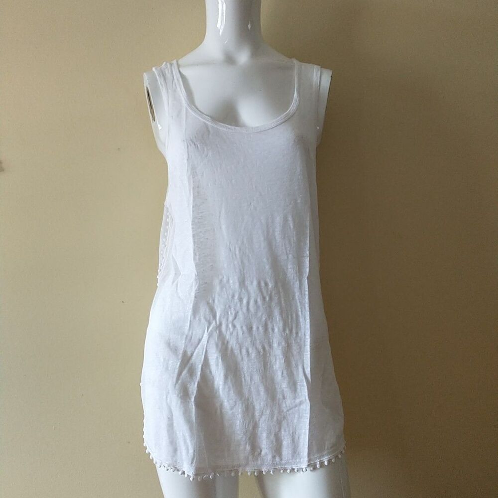 Scotch&Soda Top Tunic Womens L/M*White 100%Linen Sleeveless Pompom Knit Beachy